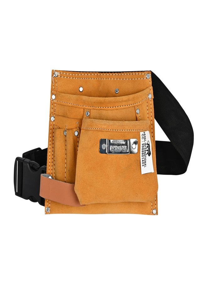PAHAL Leather Tool Bag 5 Pockets with 1 Leather Prime quality Hammer Holder and 1 Tape Holder (Brown, 8.5 x 9 inches) - Image 1